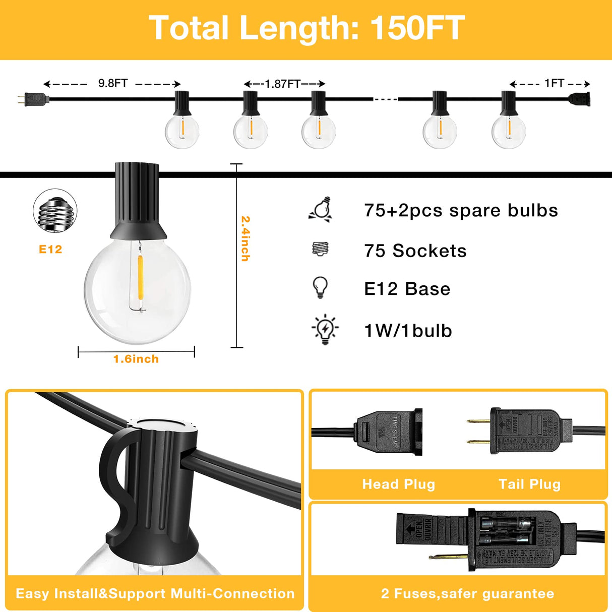 String Lights for Outside 150FT,Dimmable Waterproof Outdoor String Lights with 75+2 Shatterproof G40 Globe Bulbs Connectable LED Patio Lights, Commercial Hanging Lights for Christmas Backyard Party