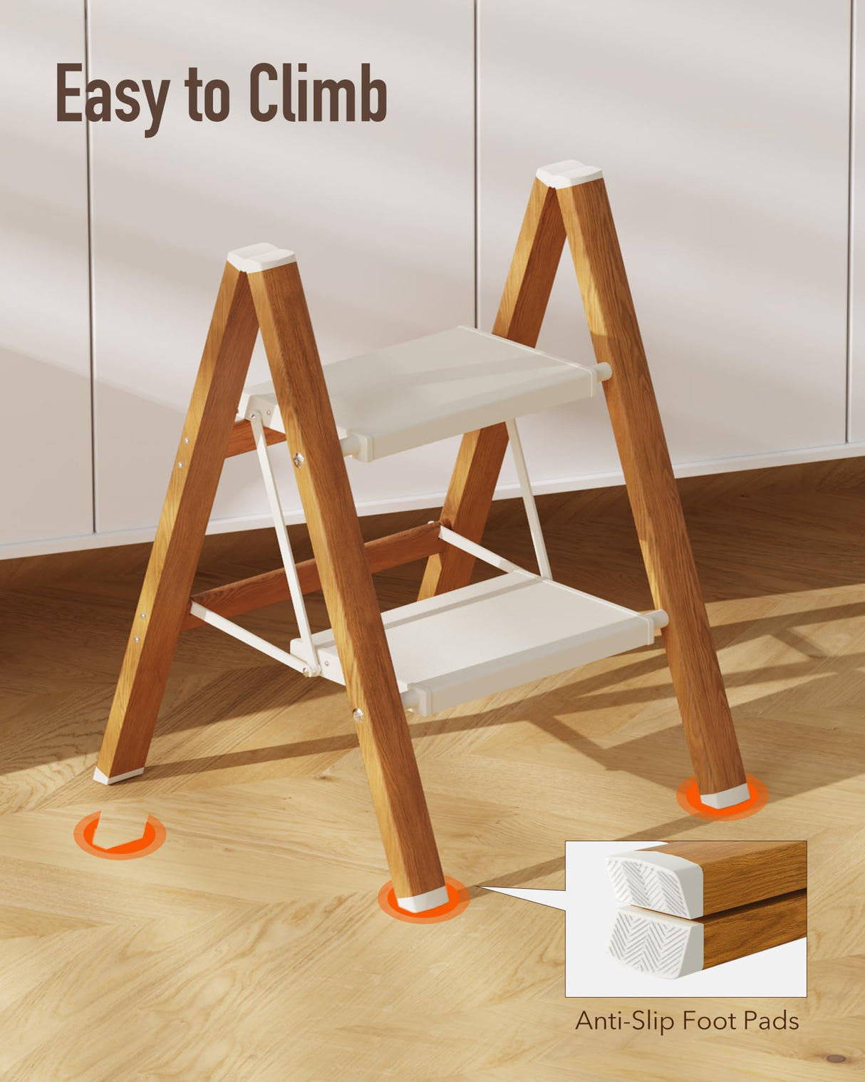 Mayi Plus 2-Step Aluminum Ladder,Lightweight Folding Step Stool with Extra-Wide Anti-Slip Steps,330 lbs Capacity,Compact Space-Saving Design for Home,Kitchen and Office(White&Woodgrain)