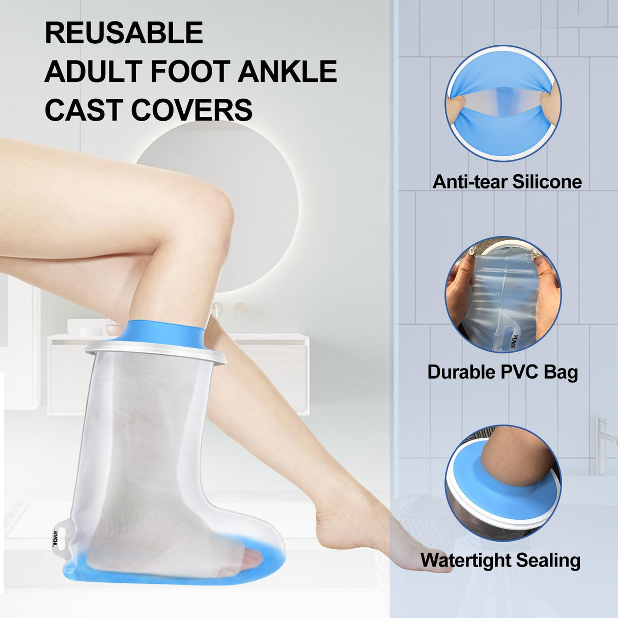 YUNCHI Waterproof Foot Cover for Shower Adults with Non-Slip Bottom, Reusable Watertight Foot Ankle Cast Protector for Foot Surgery Casts Bandages Wounds Dressing