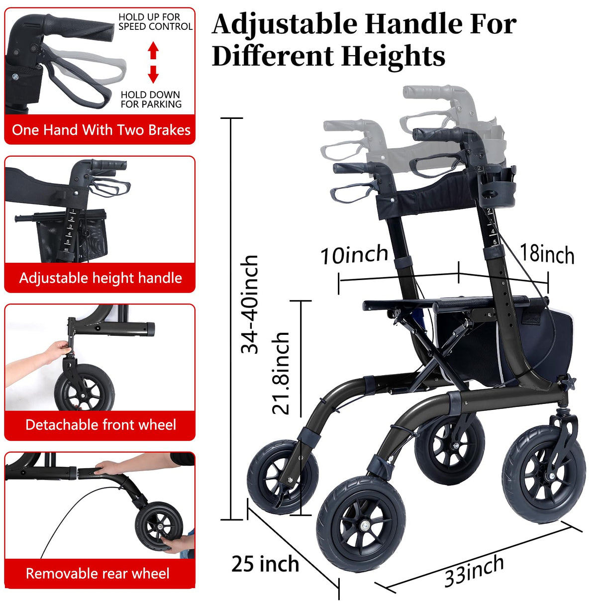 Henmnii Rollator Walker for Seniors, Lightweight Foldable All Terrain Rolling Walker with seat, Aluminum Walkers with 10 inch Rubber Wheels, Handles and Backrest for Seniors and Adult