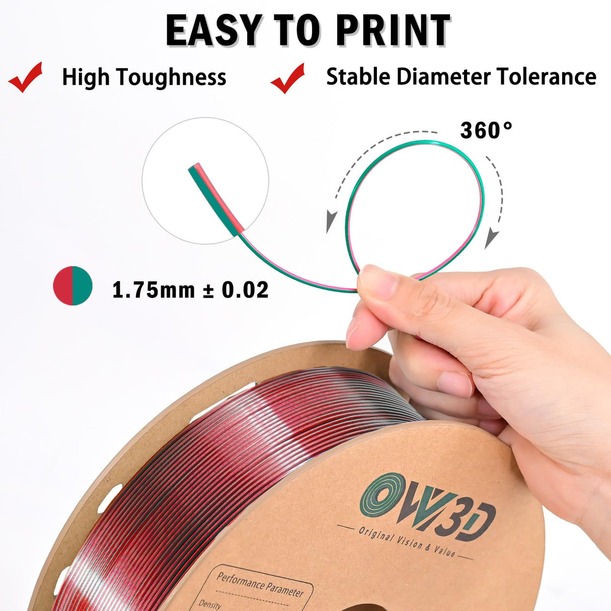 OVV3D PLA Filament 1.75mm Dual-Colors, Christmas Red Green Silk PLA Filament,3D Printer Filament Rainbow PLA Filament, 3D Printing Filament +/-0.02mm, 1kg/2.2lbs
