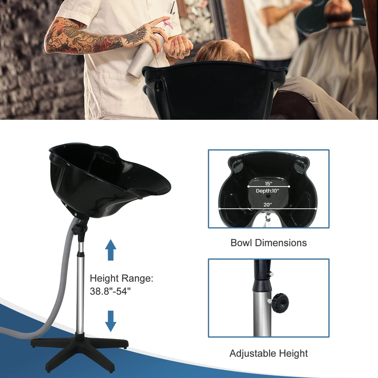 Height Adjustable Portable Salon Deep Shampoo Basin Sink Hair Treatment Bowl with Drain Hose Black