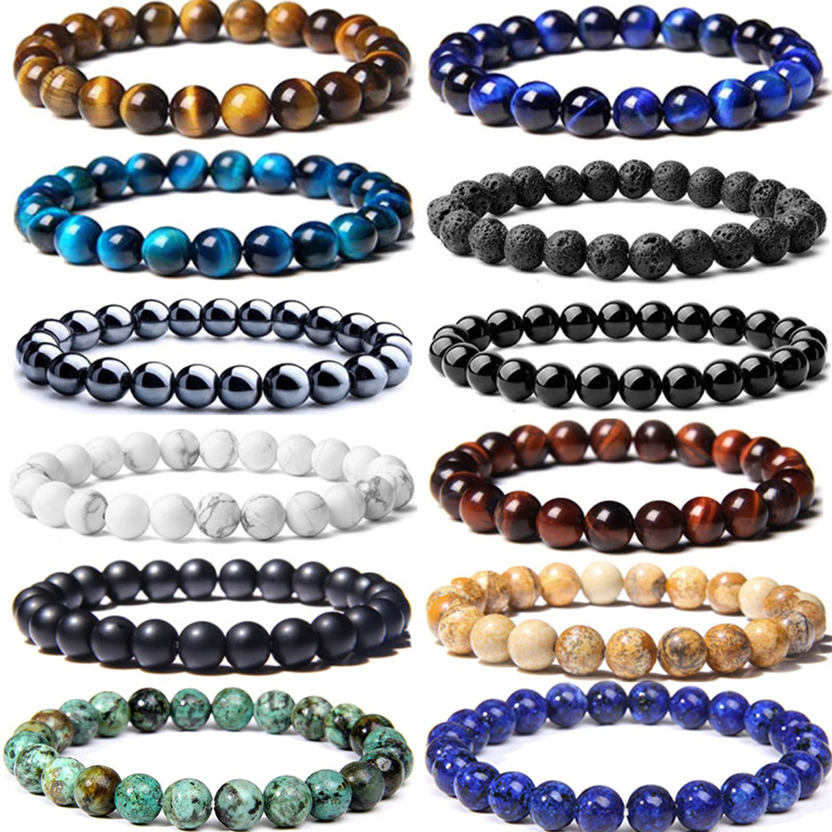 CASDAN 12PCS 8mm Semi-Precious Gemstones Beaded Bracelets for Men Women