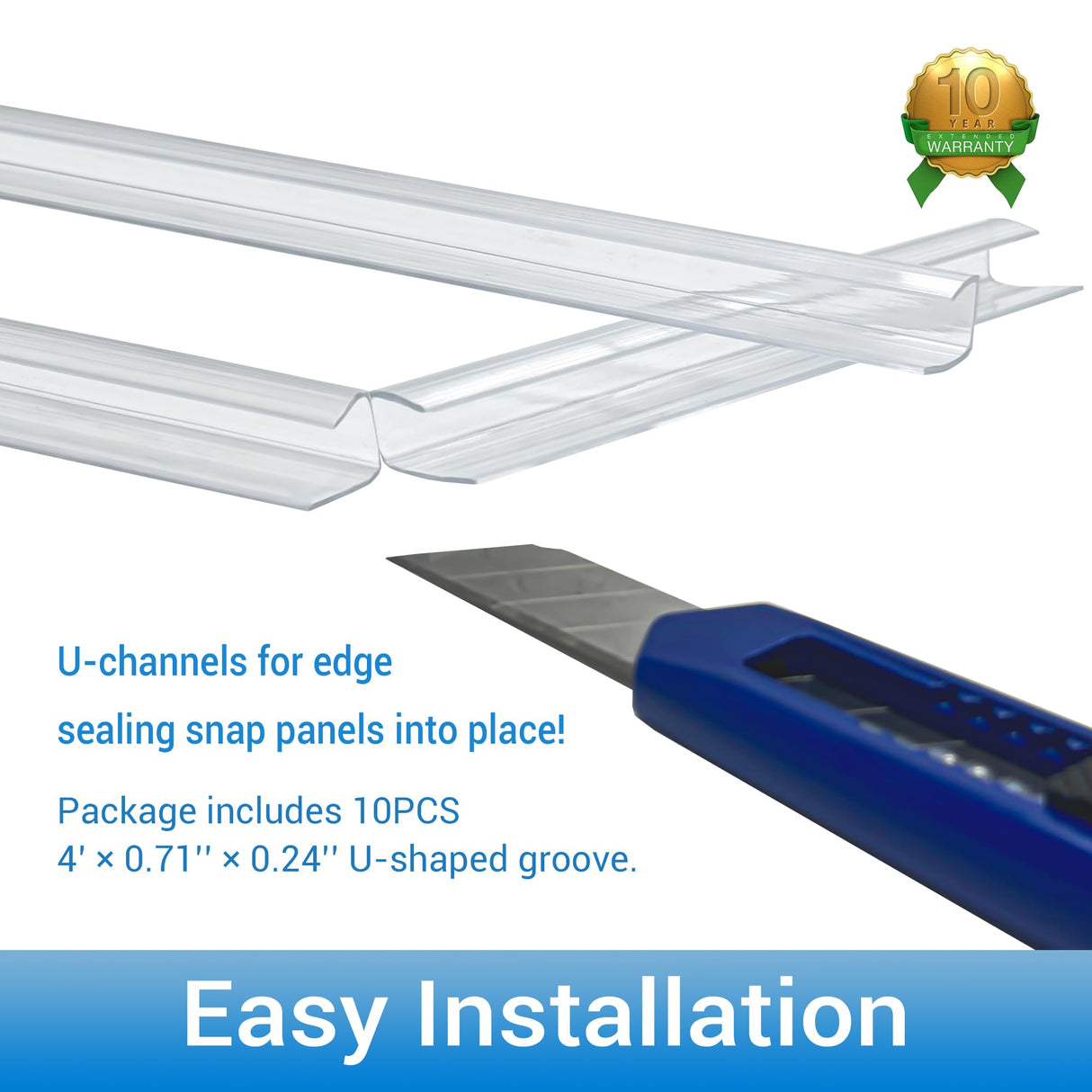 XISOCO 10 PCS Polycarbonate Greenhouse U Connector Profile 4ft Length Fits 0.16’’ & 0.24’’ Twin-Wall Polycarbonate Panels Duty Dust Rain & Moisture Protection Durabler (U-Clip 4' × 0.71’’ × 0.24’’)