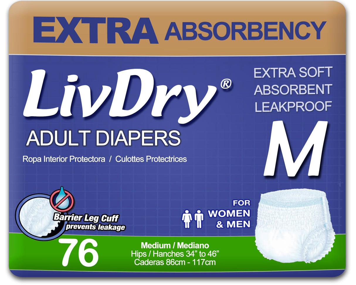 LivDry Adult Incontinence Underwear, Extra Absorbency Adult Diapers, Leak Protection, Medium, 76-Pack