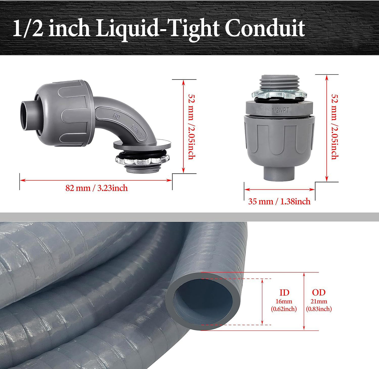 Wocloer Liquid-Tight Conduit - 1/2inch 75 Foot Flexible Non Metallic Liquid Tight Electrical Conduit Kit, With 6 Straight and 5 90-Degree Conduit Connector Fittings.1/2" Dia