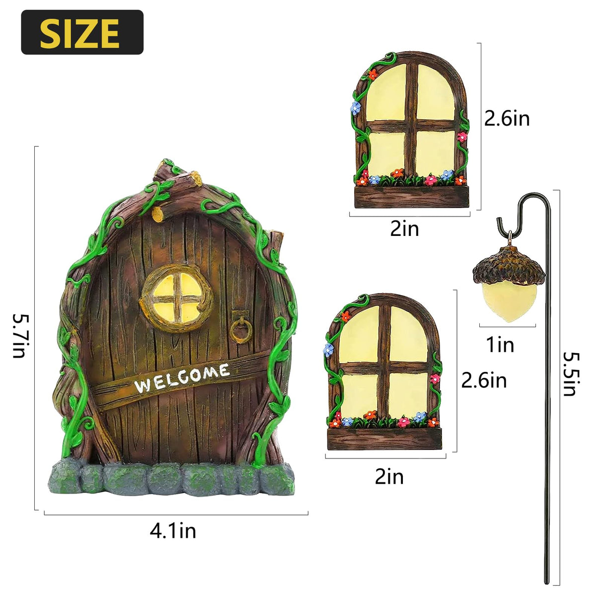 Jauay Miniature Fairy Garden Accessories: Glow in The Dark Fairy Door and Windows for Trees, Green Resin Garden Ornament with Lantern