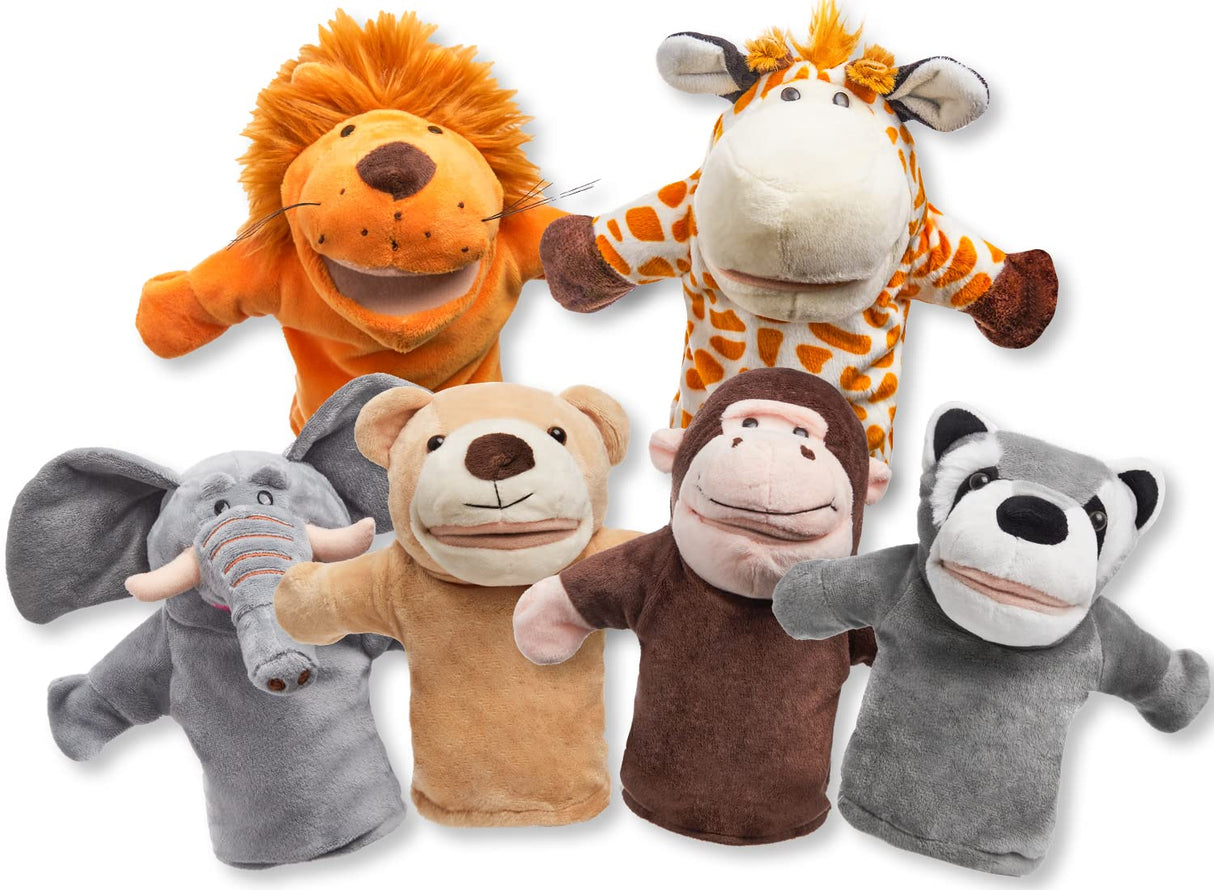 JOYIN 6Pcs Kids Hand Puppet Set with Working Mouth, Toddler Animal Plush Toy Includes Elephant, Giraffe, Lion, Bear, Raccoon and Monkey for Show Theater, Christmas Birthday Gifts for Kid Age 3+