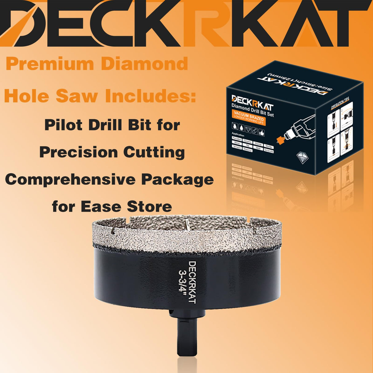 DECKRKAT 3-3/4"Diamond Hole-Saw Bits with Pilot Drill Bit - 3-3/4"Diamond Tipped Tile Hole Saws with Guiding Bit Accurate Drilling for Porcelain Tile Ceramic Pottery Granite Stone Glass Bottles 95mm