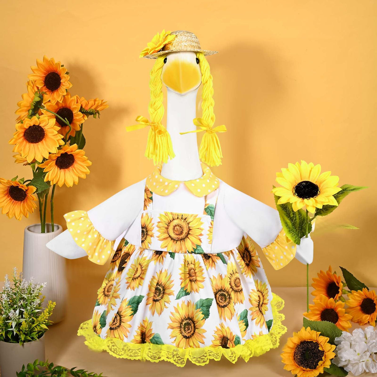 JcHrmers Sunflower Goose Outfit Sunflower Dress and Straw Hat Porch Goose Clothes Fits 23" Cement or Plastic Goose Statue for Spring Summer Outdoor Garden Lawn Yard Patio Decor