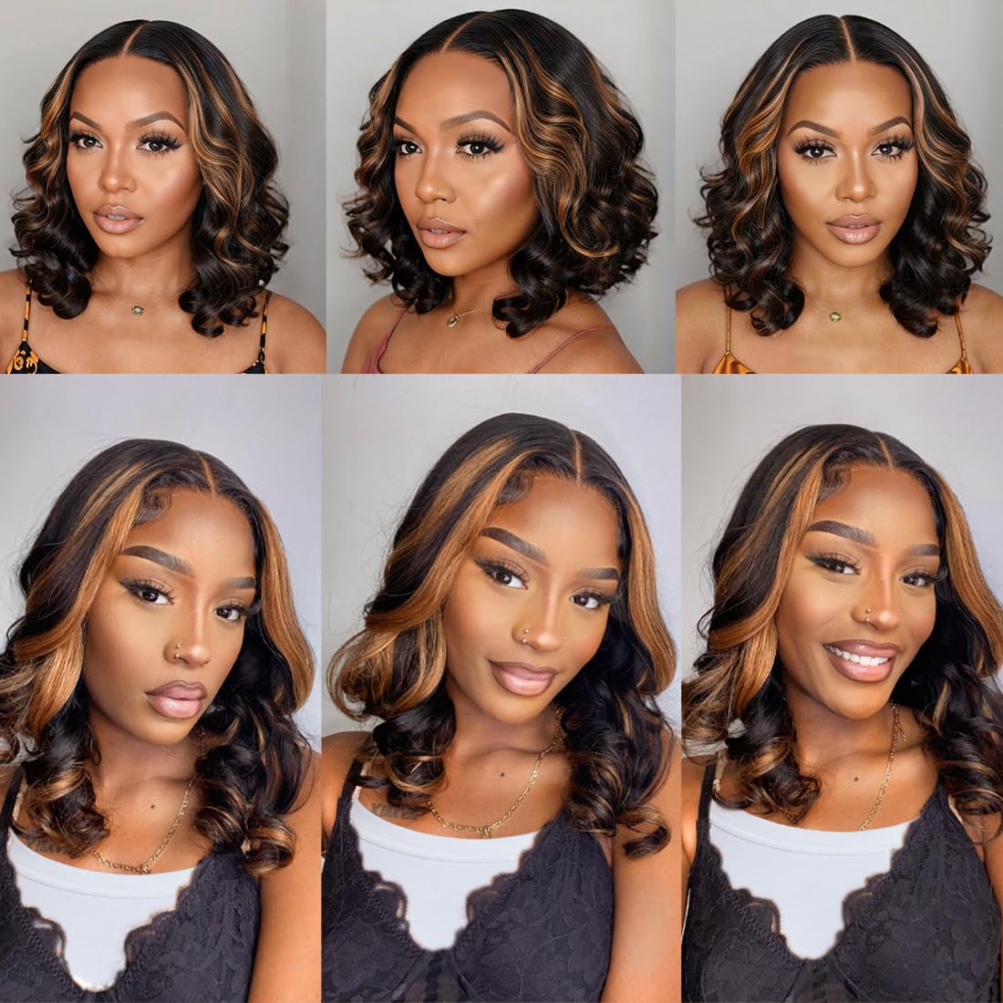 CIYOO 1B/30 Ombre Highlight Bob Wig Human Hair 14 inch Body Wave Bob Wig Loose Wavy 13x4 Highlight HD Lace Frontal Bob Wig Human Hair 180% Density Pre Plucked Ombre Colored Short Wigs for Black Women