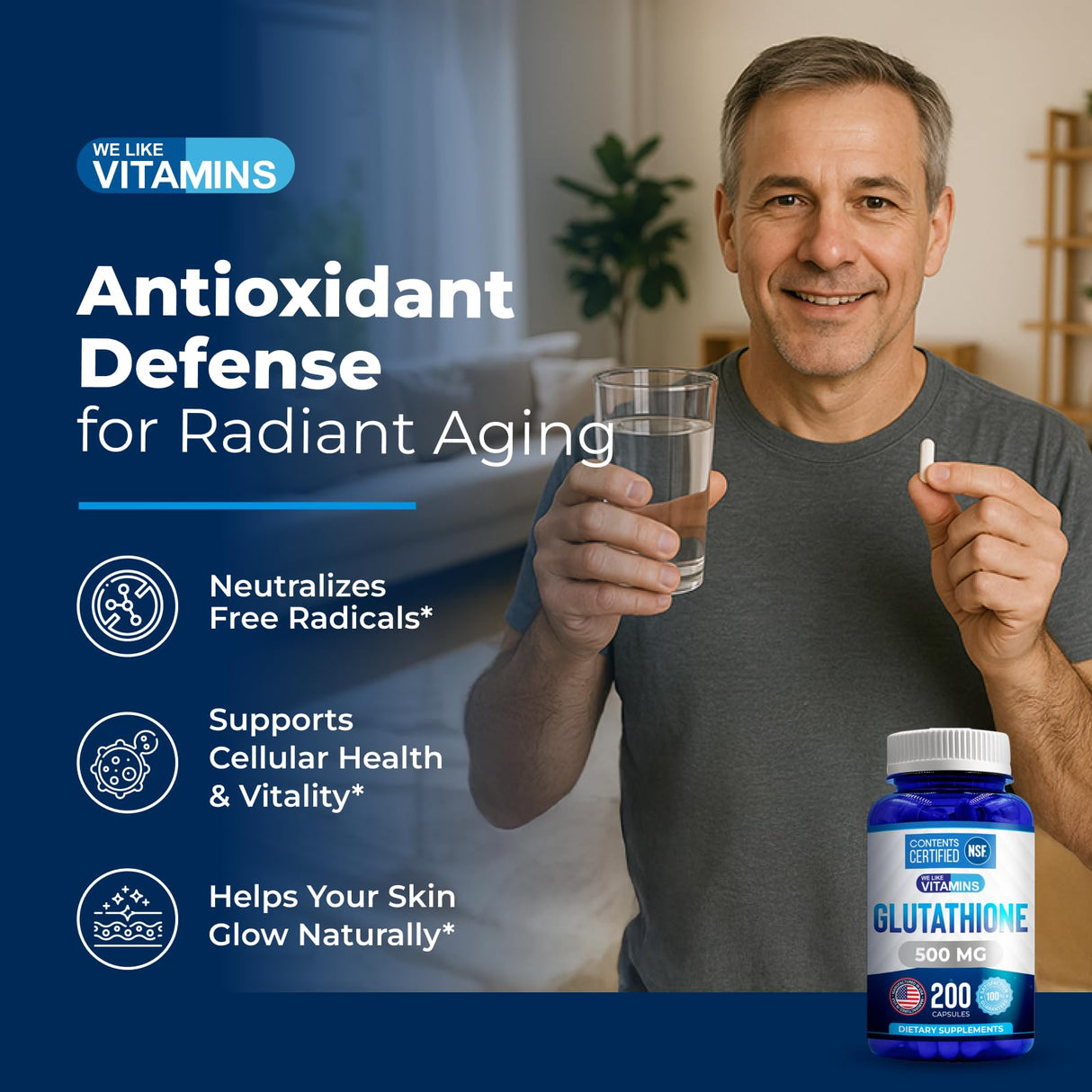 We Like Vitamins | NSF Certified Glutathione Supplement | Manufactured in USA | Highly Bioavailable | L-Glutathione Antioxidant Support|500mg Per Serving | 200 Capsules