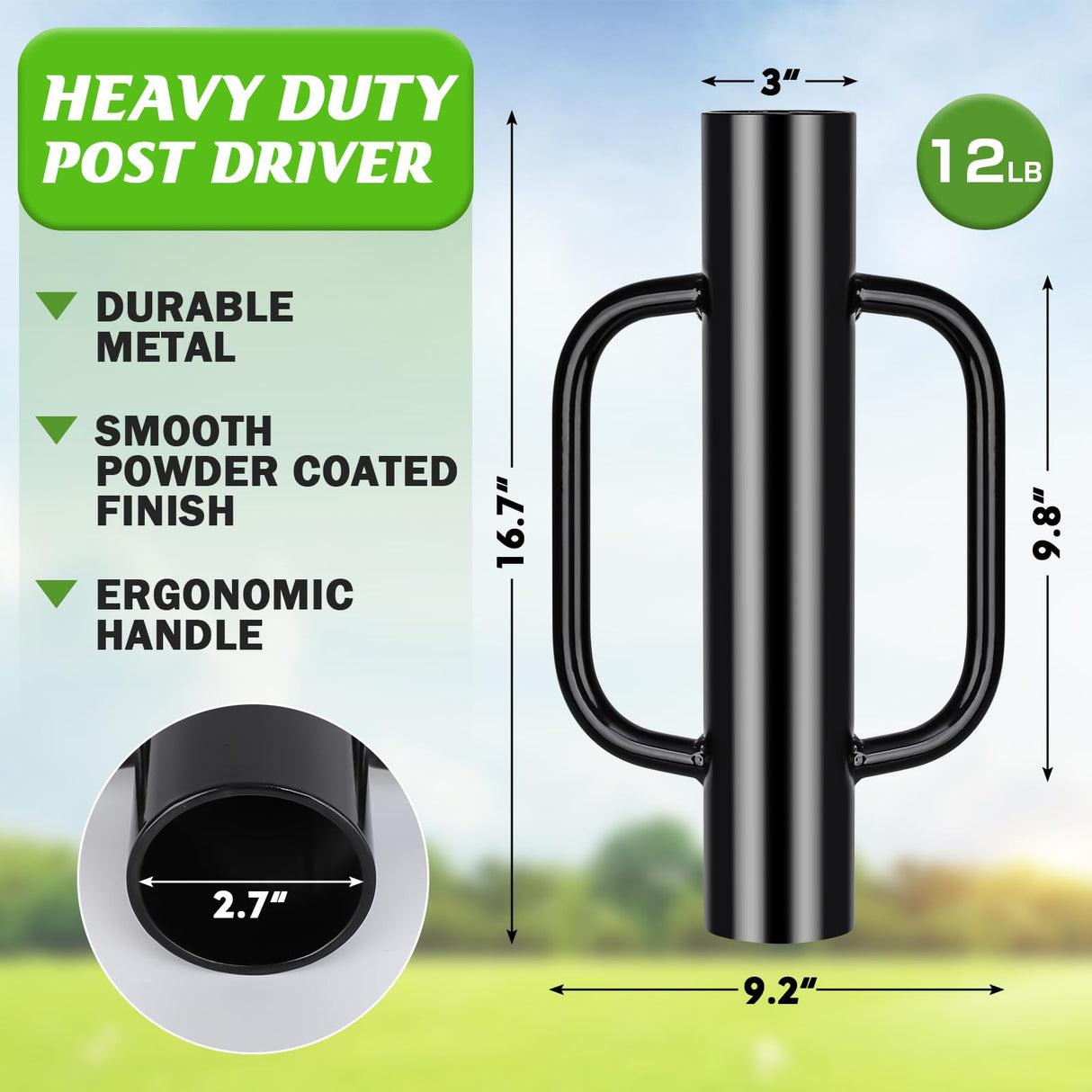 Gtongoko 12LB T Post Driver with Handles Heavy Duty Fence Post Driver Post Pounder for T-Posts,U Channel,Metal Post and Sign Post Pole Driver Tool,17 Inch Black