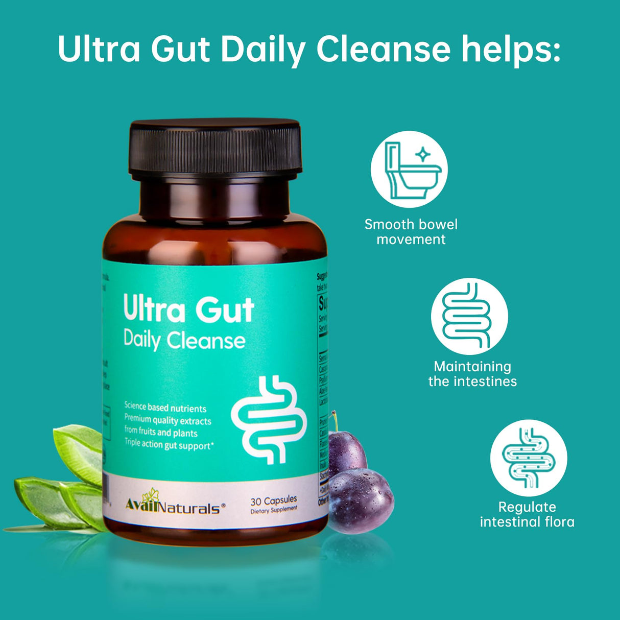 AvailNaturals Ultra Gut Daily Cleanse 15 Day Cleanse-with Senna Leaf Extract, Cassia Seed, 2.5 Billion Probiotics & Dietary Fiber,30 Capsules (3)