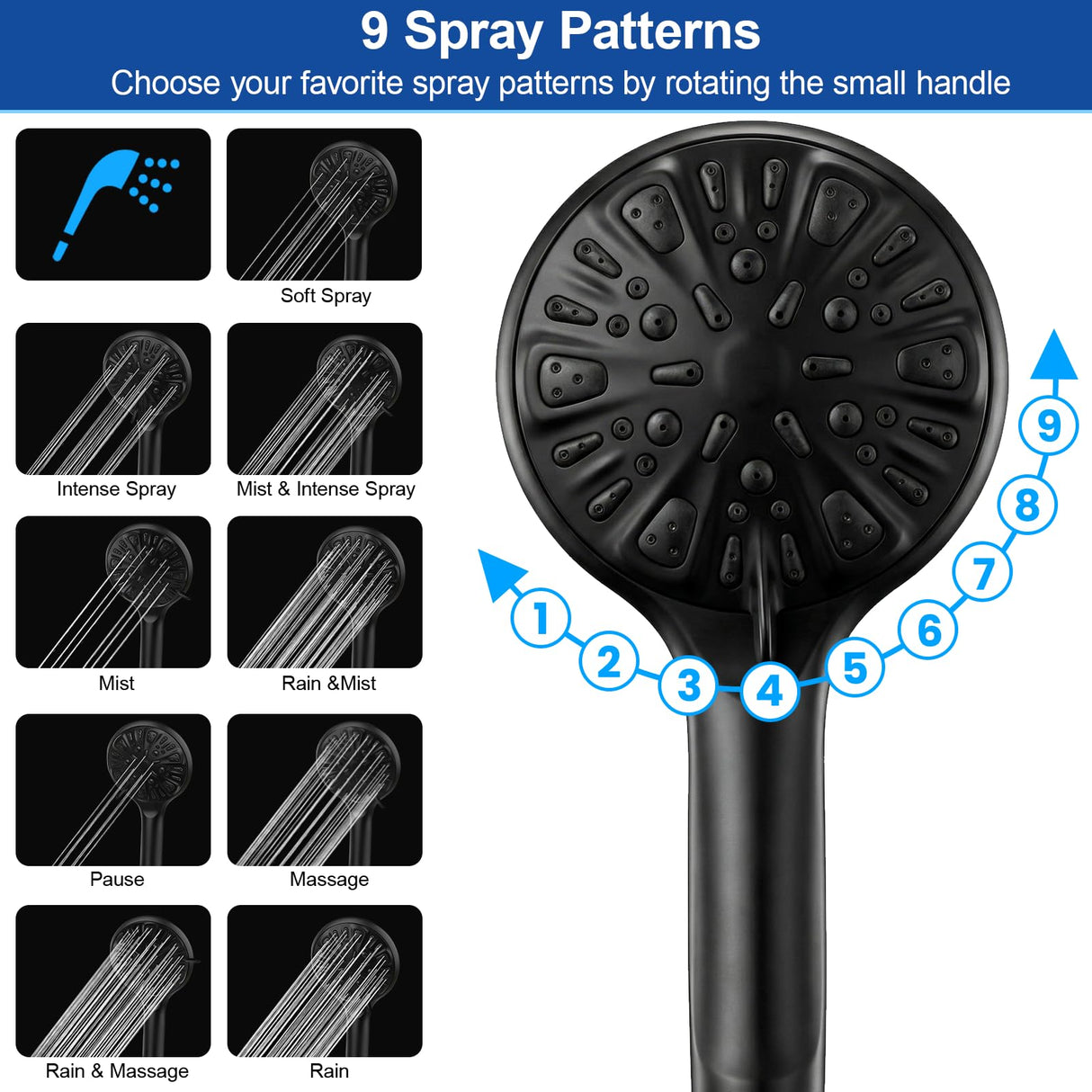 Tudoccy Shower Head, 8ββ High Pressure Rainfall Shower Head/Handheld Shower Combo with 11'' Extension Arm, 9 Settings Anti-leak Shower Head with Holder, Height/Angle Adjustable, Matte Black