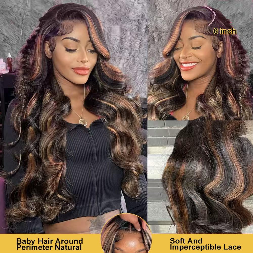 28 Inch Honey Blonde Ombre Lace Front Wig Human Hair 200 Density 13X6 Highlight Body Wave Lace Front Wig Human Hair Pre Plucked With Baby Hair Glueless HD Lace Frontal Wig for Women T1B/30 Colored Wig