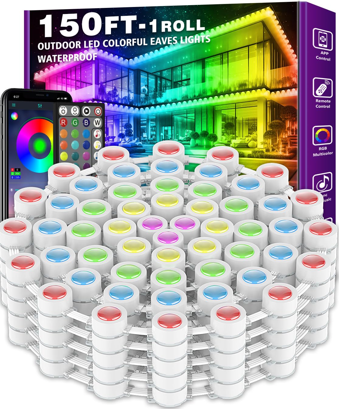 FBZ 150FT Permanent Outdoor RGB Lights - IP67 Waterproof with Smart App Control Remote,DIY Scene Modes, Music Synchronization,Eaves Lights for Garden Decor,Deck,Christmas