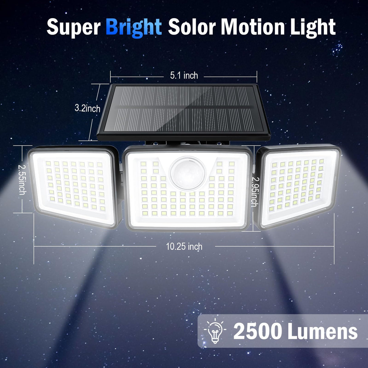 daphino 2500LM Solar Lights Outdoor with Motion Sensor,3 Head 270° Wide Angle Street Area Lights, IP65 Waterproof Security Lighting with 3 Modes(Non-Remote,2 Pcs)