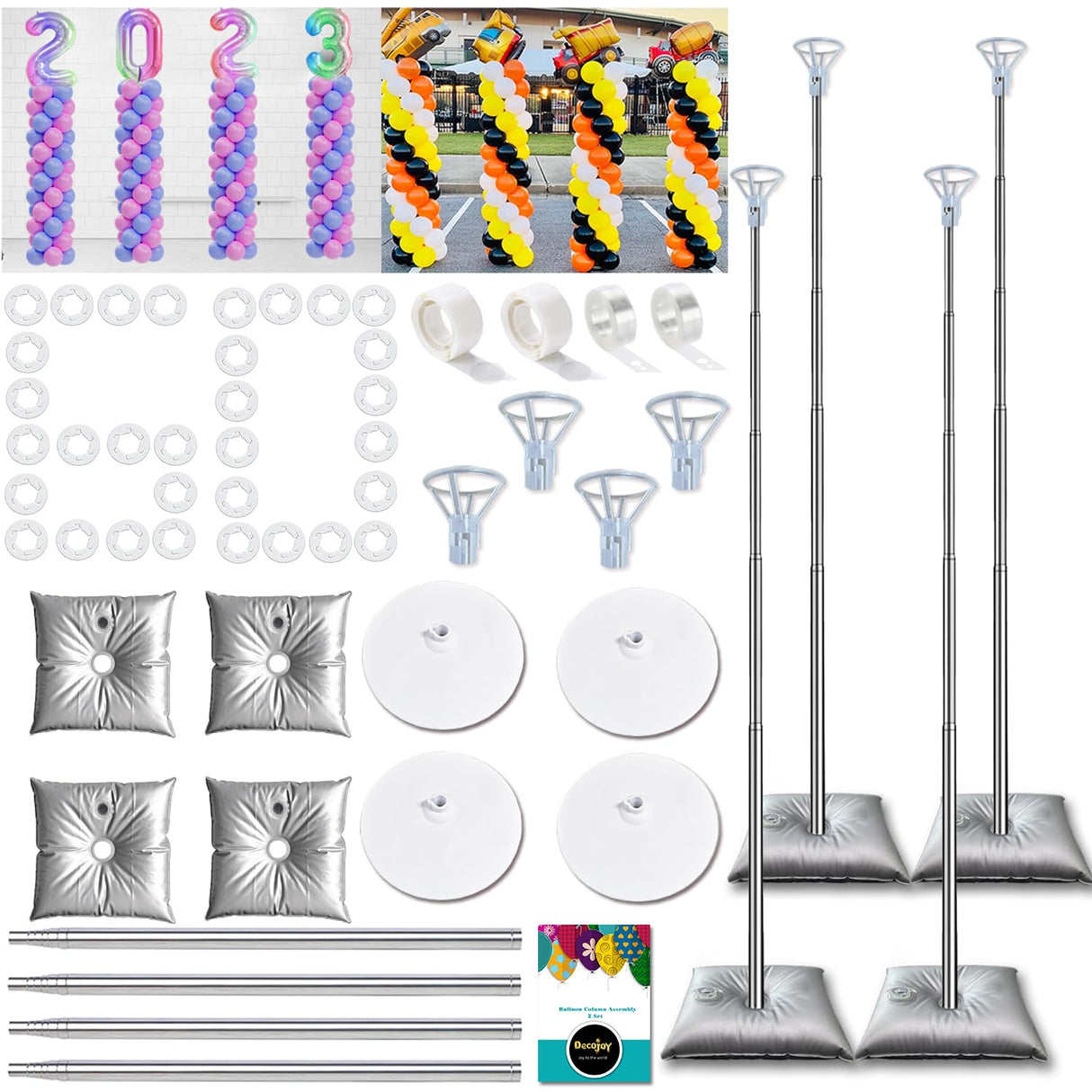 DECOJOY Balloon Columns Stand Set of 4, 7 Feet Telescoping Ballon Arches Stands with Bases for Floor, Height Adjustable Metal Ballon Tower Pillar Kits for Graduation, Birthday, Christmas