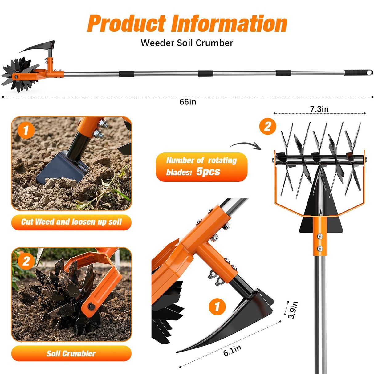 GINMIC Hand Tiller Garden Cultivator, Garden Tiller with Upgrated Triangle Hoe and Adjustable Long Handle, 2-in-1 Weeder & Soil Aerator for Lawn Care, Cultivate, Plant, Reseed, Gardening Hand Tools