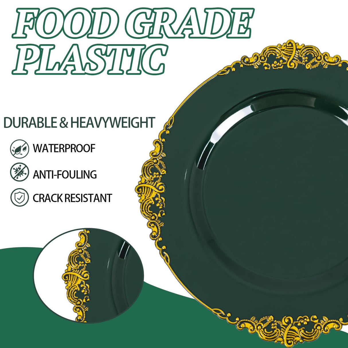 Joyido 102PCS Green and Gold Plates - Green Plastic Plate - Fancy Heavy Duty Disposable Plates - Heavyweight Disposable Dinner & Dessert Plate for 51 Guests for Party & Christmas