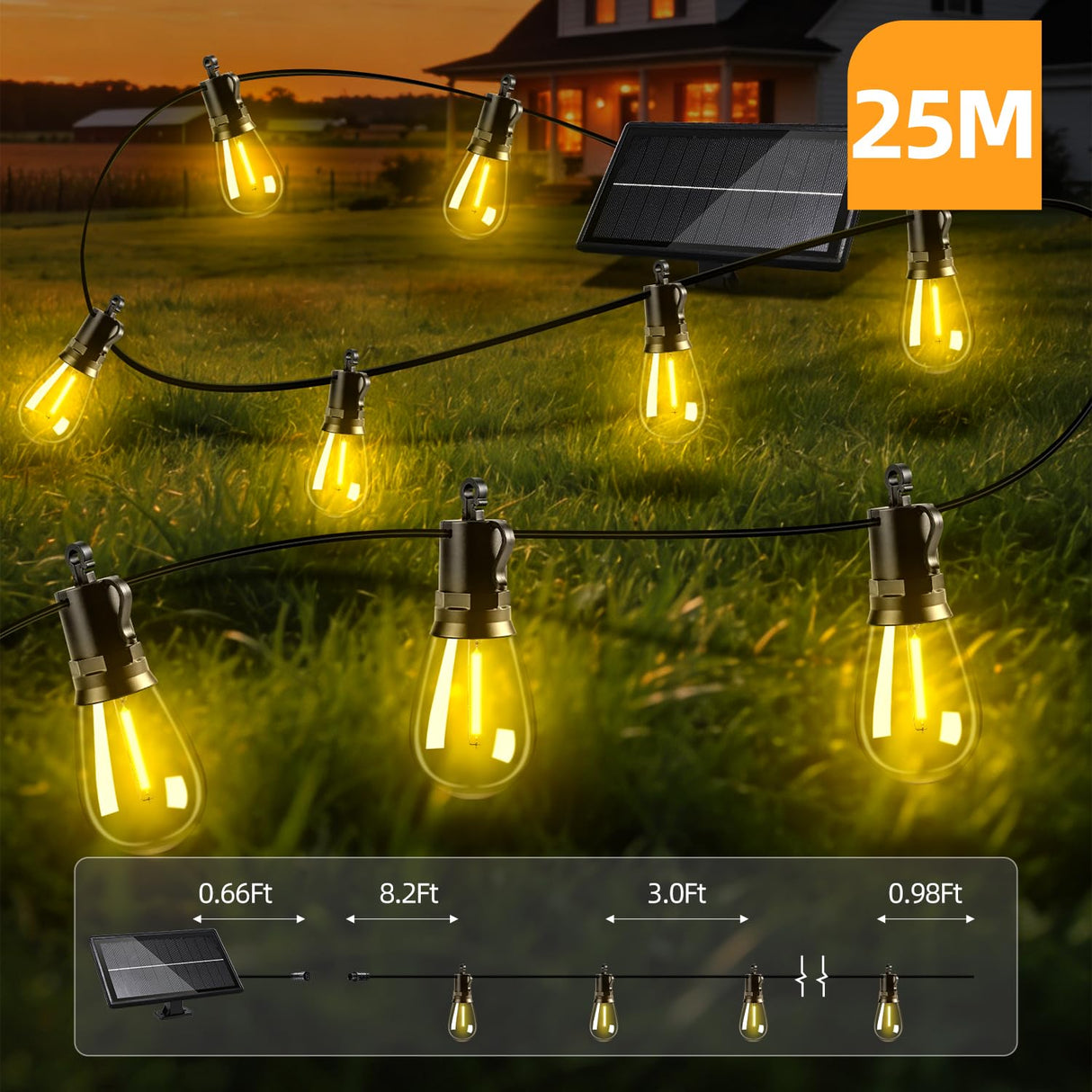 FUANXIEI Solar Lights Outdoor Patio Lights: S14 25M 82FT Solar Powered Remote Control 3 Light Modes Dimmable Solar Waterproof Light - Shatterproof Bulbs - Camping Backyard Garden Deck Outside Yard