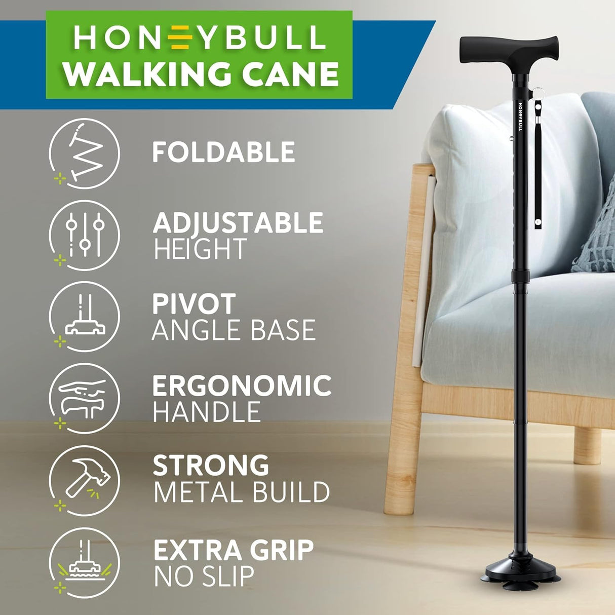 HONEYBULL Walking Cane for Men & Women - Foldable, Adjustable, Collapsible, Free Standing Cane, Pivot Tip, Heavy Duty | Walking Sticks, Folding Canes for Seniors & Adults (Black, Pivot Cane)