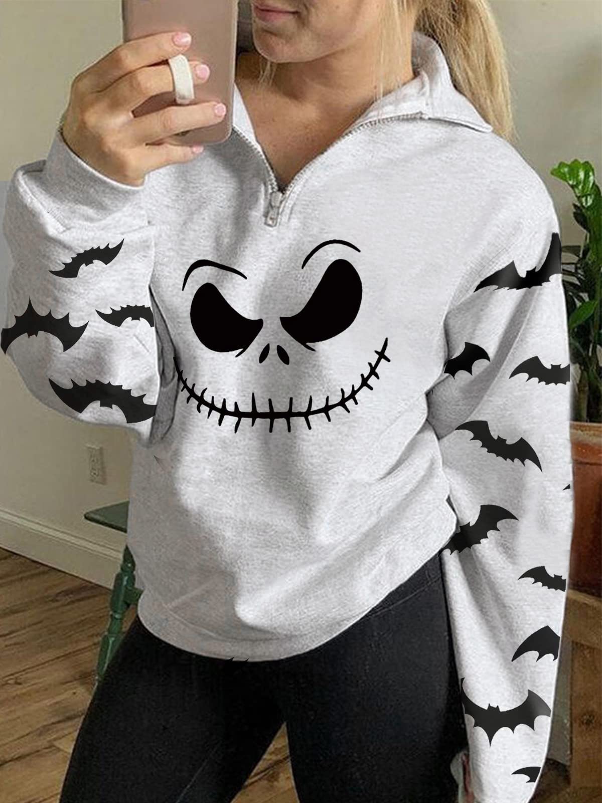 tiqwova Womens Halloween Pumpkin Face Sweatshirt Loose Casual Christmas Shirt for Women (N01-L)