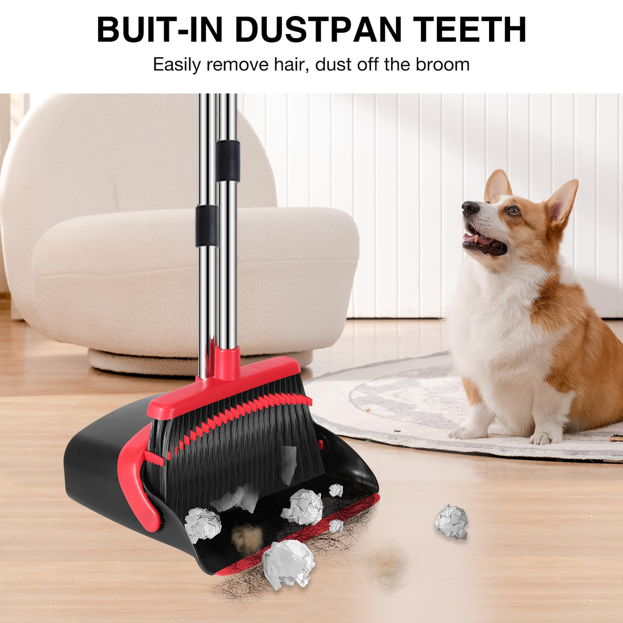 NACENA Broom and Dustpan Set, 52-in Long Adjustable Handle Broom Dustpan Combo with Dustpan Teeth to Automatically Clean Hair Suitable for Home Kitchen Office Hall Floor(Black&Red)
