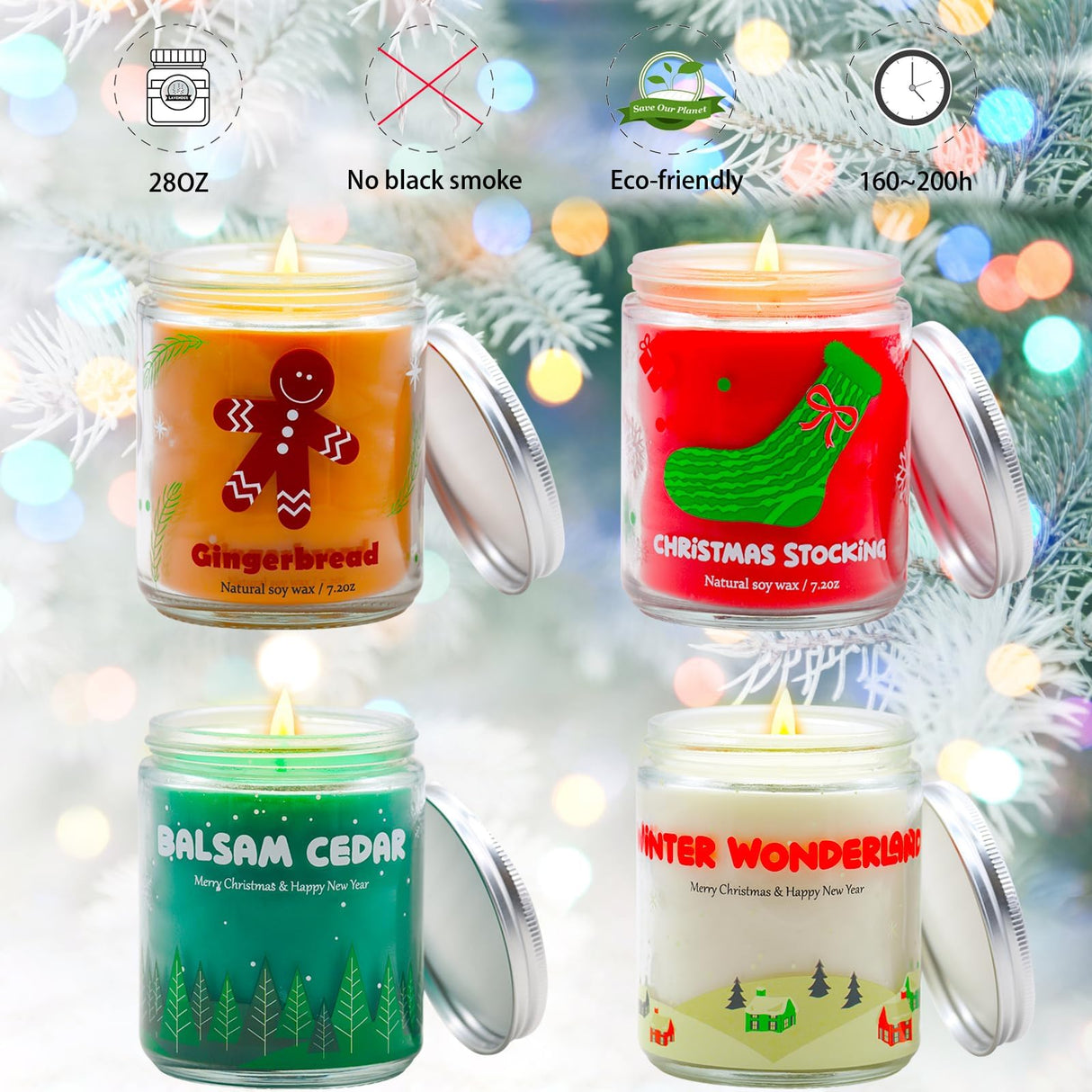Christmas Candles - Christmas Gifts for Women & Men, 4 Pack Natural Soy Wax with Holiday Scents, Perfect for Xmas, New Year, and Winter Décor