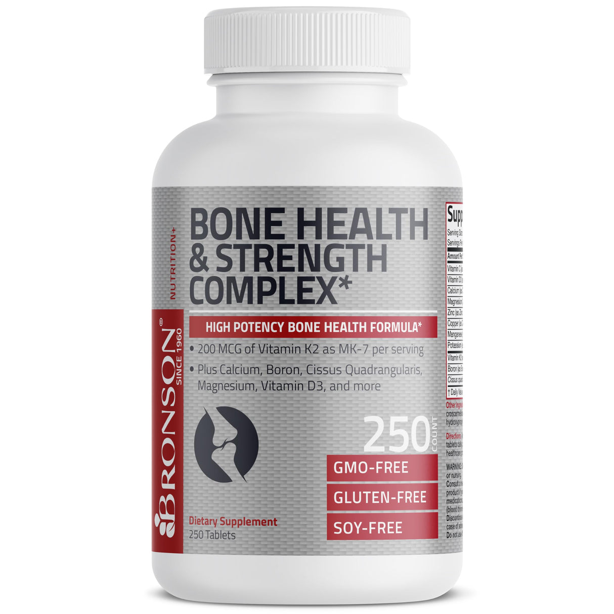 Bronson Bone Health & Strength Complex* High Potency Formula 200 MCG of Vitamin K2 as MK7, Plus Calcium, Boron, Cissus Quadrangularis, Magnesium, Vitamin D3, and More - Non-GMO, 250 Tablets
