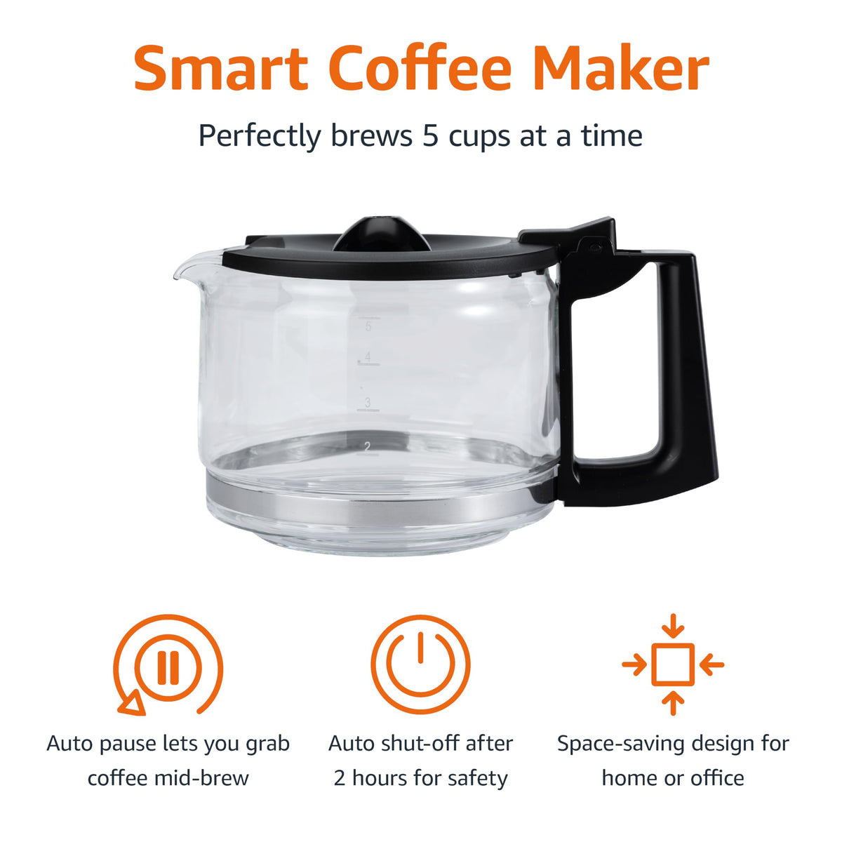 Amazon Basics 5 Cup Drip Coffee Maker with Glass Coffee Pot (0.8 Qt), Auto Shut-off, Auto Pause, Removable Filter Basket, Matte Black