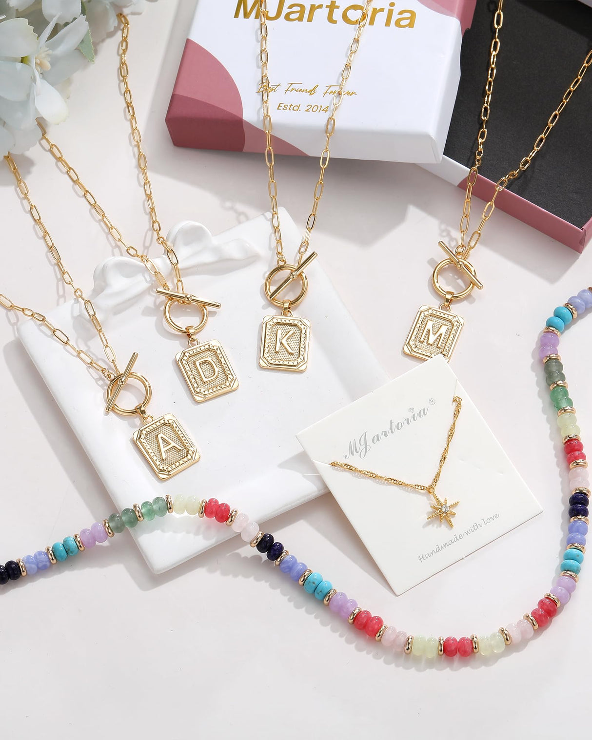 MJartoria Layered Initial Necklaces for Women Trendy, 14K Gold Plated Simple Star Choker Square Letter Pendant Necklace, Colorful Beaded Necklace, Gold Necklaces Jewelry Gifts (K, Gold Plated)