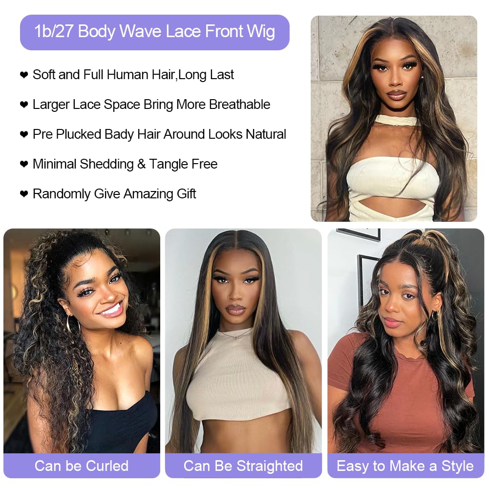 Aveiyce 13x6 1b/27 Highlight Ombre Balayage Lace Front Wigs Human Hair Black and Blonde Body Wave Lace Frontal Wig Pre Plucked with Baby Hair for Black Women HD Transparent 180% Density Wig 24 Inch