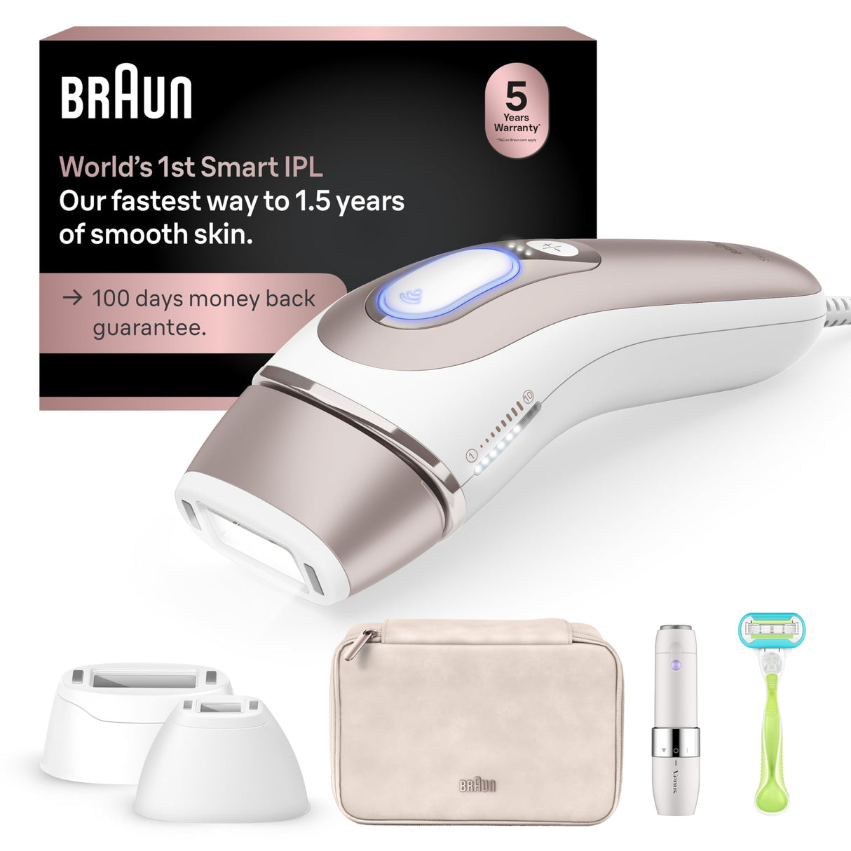 Braun IPL Skin i·Expert, at Home Laser Hair Removal, Holiday Gifts for Women and Men with Free App, Smart IPL, Vanity Case, Venus Razor, 2 Smart Heads, Facial Trimmer, PL7219