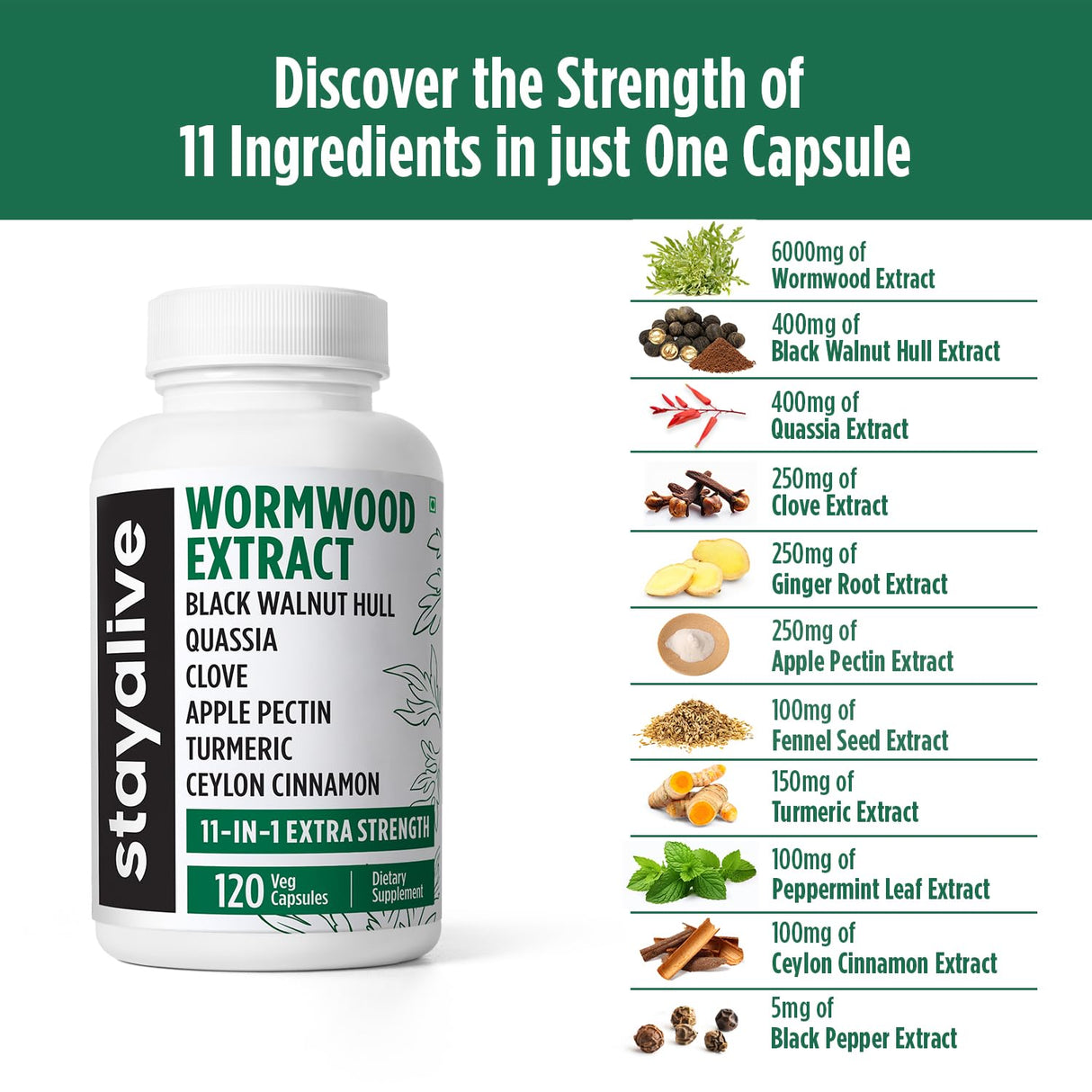 STAY ALIVE Wormwood Black Walnut Clove Cleanse Extract, 11-in-1 Extra Strength Complex, 120 Pills, Herbal Supplement for Adults, Vegan, Non-GMO & Gluten Free Sweet Wormwood Capsules