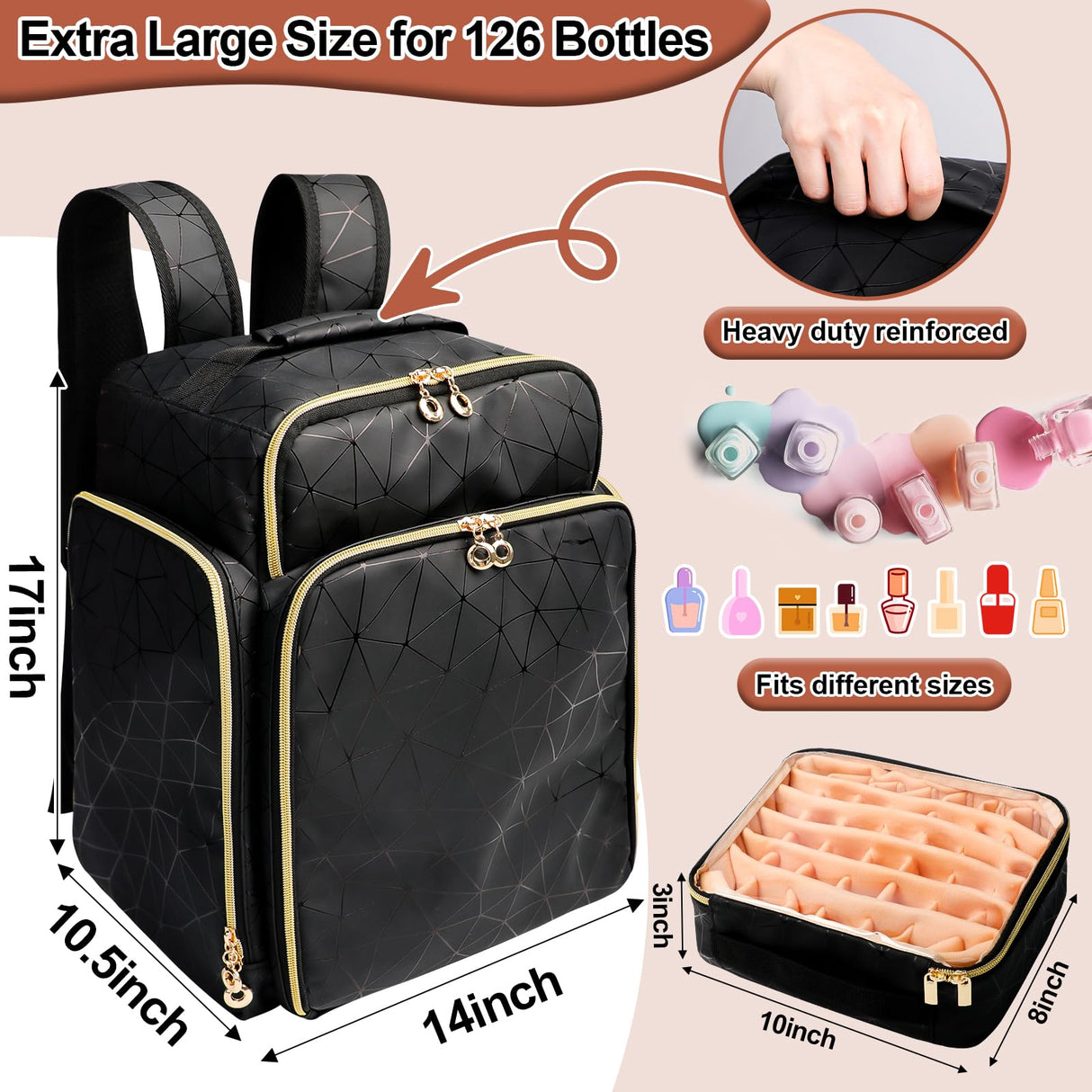 Ahzske Elegant Black Backpack Organizer, Holds 126 Nail Bottles, Extra Large Nail Kit Supplies Storage with 3 Removable Cases, PU Leather Organizer for Travel