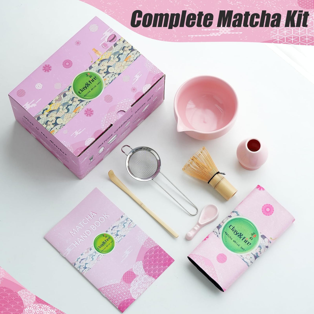 Clay&Fire Matcha Whisk Set, Ceramic Matcha Set, Matcha Bowl with Spout and Whisk, 8 pcs Matcha Tea Kit for Matcha Lovers, Ideal Gift Christmas, Birthday (Pink)