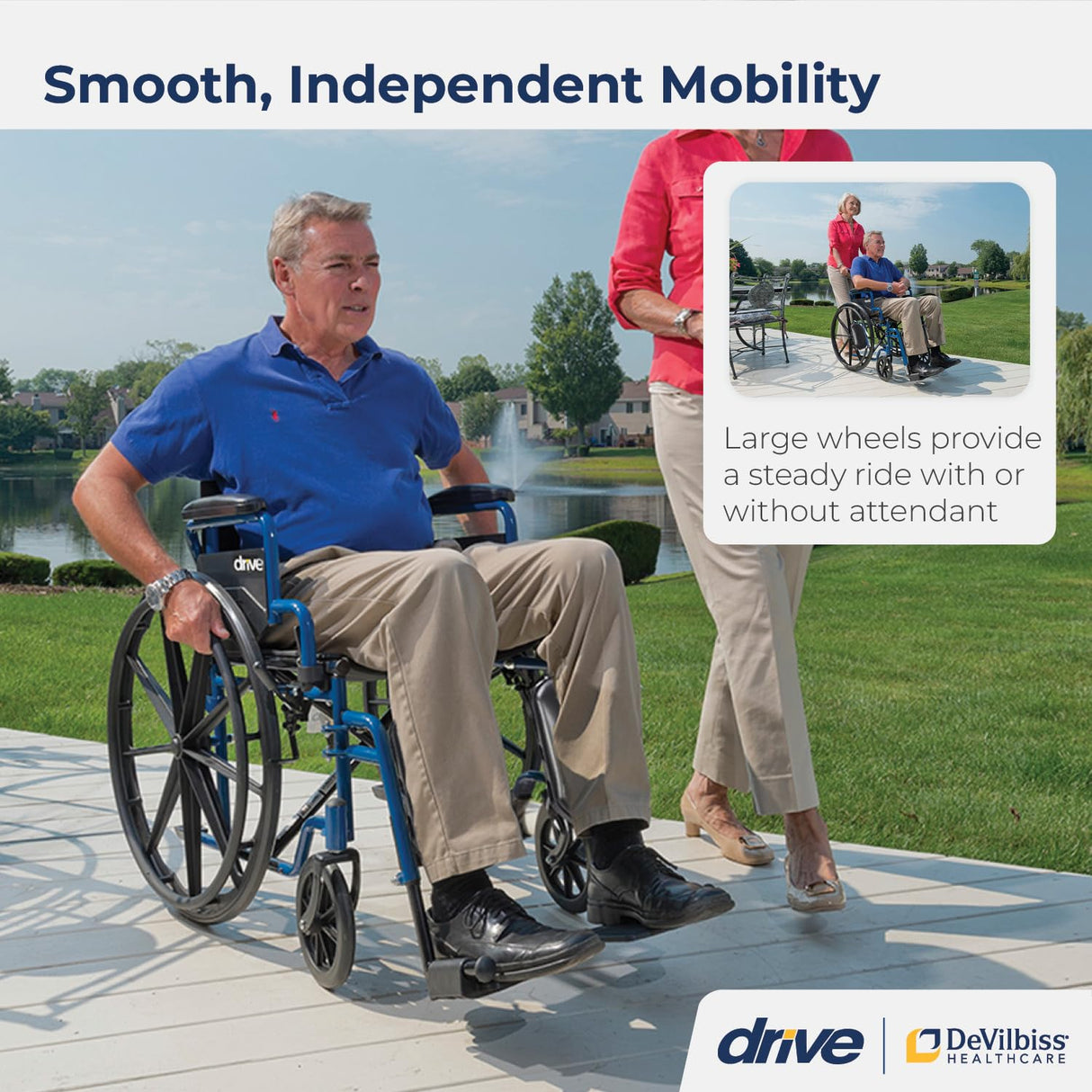 Drive Medical Blue Streak Wheelchair with Flip Back Desk Arms, Elevating Leg Rests Folding Outdoor Desk Length Arms,Alloy Steel 20 Inch Seat