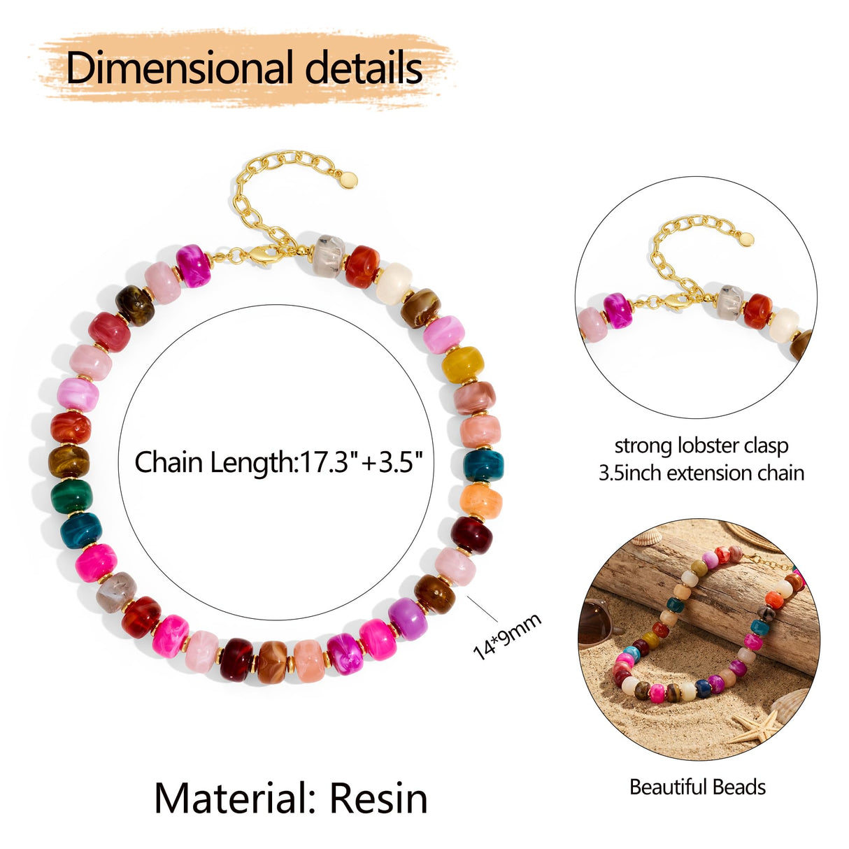 TENTMENTISE Colorful Beaded Necklace for Women, Gold Statement Choker Necklace, Chunky Bead Necklaces for Women, Womens Summer Beach Jewelry Gifts