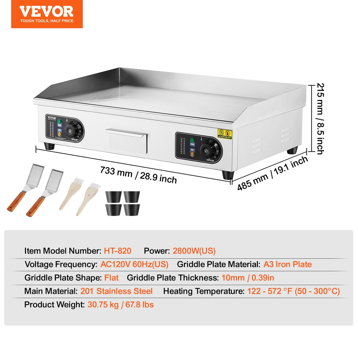 VEVOR Commercial Electric Griddle, 2800W Countertop Flat Top Grill, 122℉-572 ℉ Adjustable Temp, 29in Stainless Steel Griddle Grill with 2 Shovels and 2 Brushes for Home or Restaurant(110V No Plug)