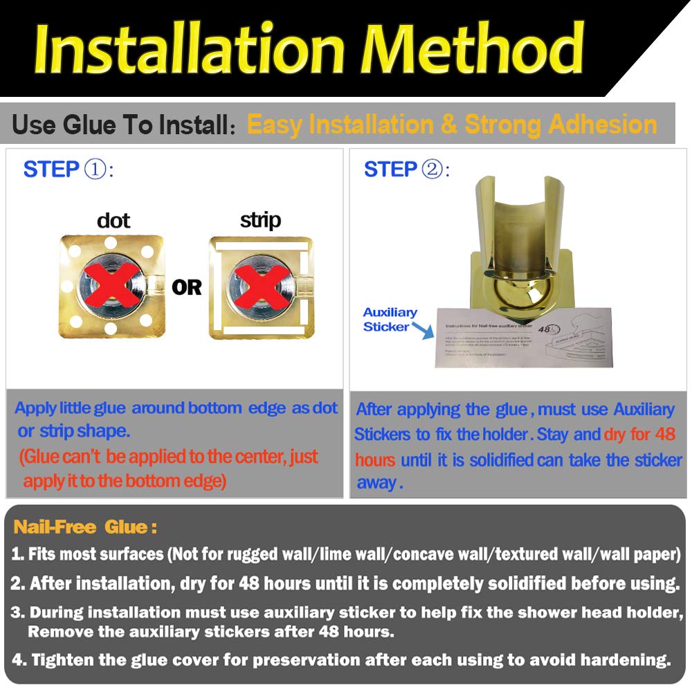 Shower Head Holder Handheld Shower Wand Holder Adjustable Shower Head Bracket Shower Wall Mount Holder, Polished Brass/Gold Finish, Drill Free Glue Installation