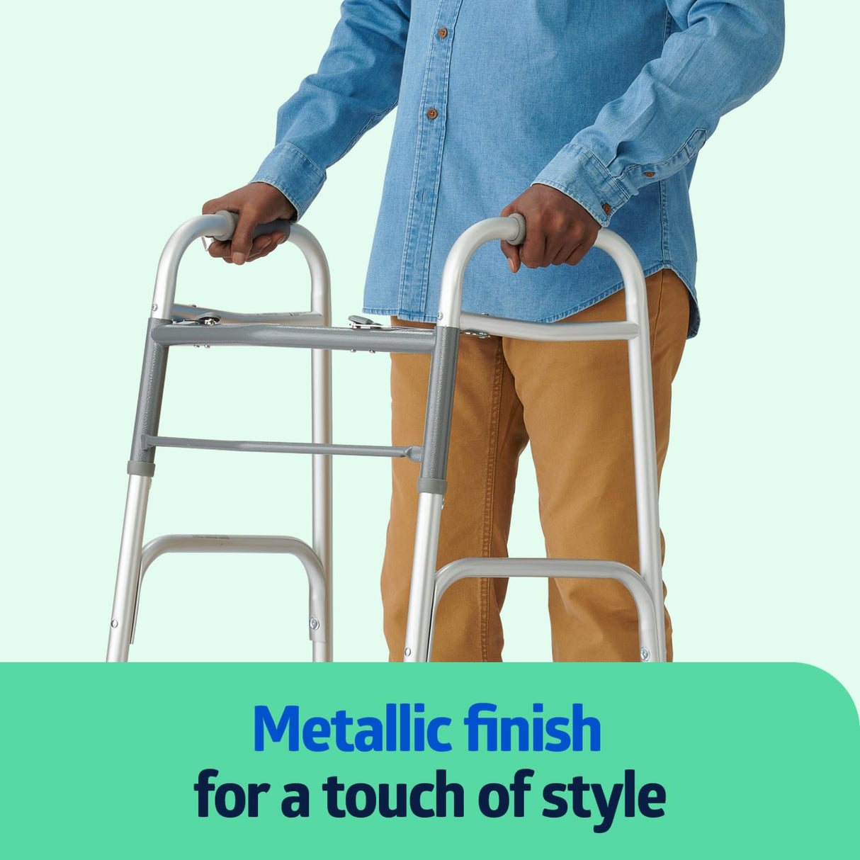 Medline Lightweight Two Button Folding Walker with 5" Wheels, Aluminum Frame Supports up to 300 lbs