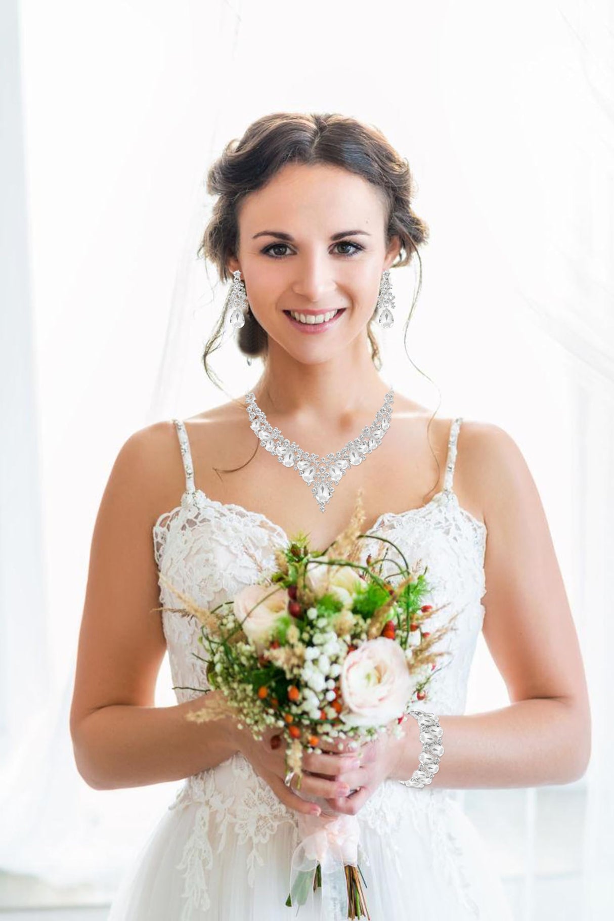 Paxuan Elegant Bridal Wedding Jewelry Set for Women / Brides / Bridesmaids Teardrop Crystal Leaf Cluster Jewelry Set for Wedding Prom Party Bridal Bridesmaids Rhinestone Crystal Necklace Earrings Bracelet Set (White(Silver))