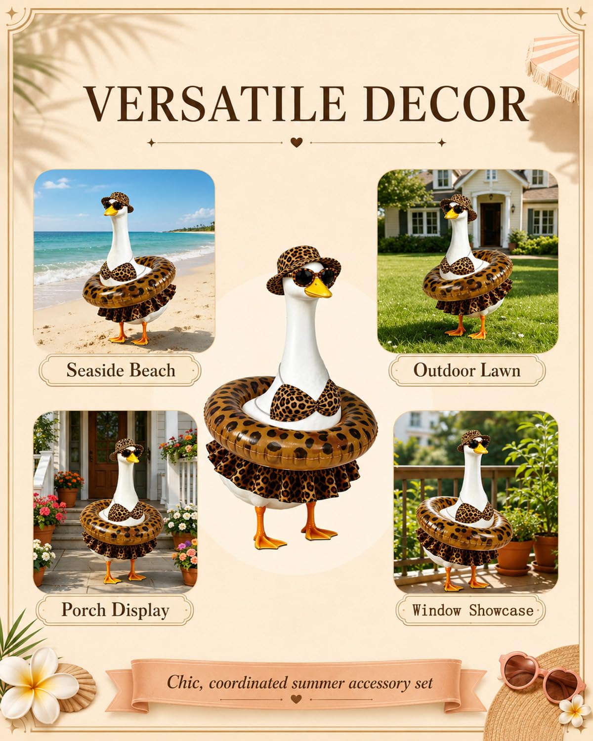 GSPIM Leopard Print Bikini Porch Goose Outfits for 23" Goose Statue Summer Beach Pool Lawn Patio Decor with Bikini Outfit Bucket Hat Sunglasses and Inflatable Swim Ring (Leopard Print Bikini)