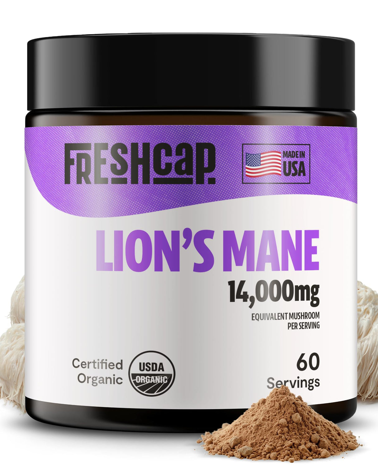 FreshCap Mushrooms Lions Mane Supplement Powder 14,000mg - Lions Mane Extract, Mushroom Supplement for Focus & Memory, Organic Lions Mane Powder (60 Servings)