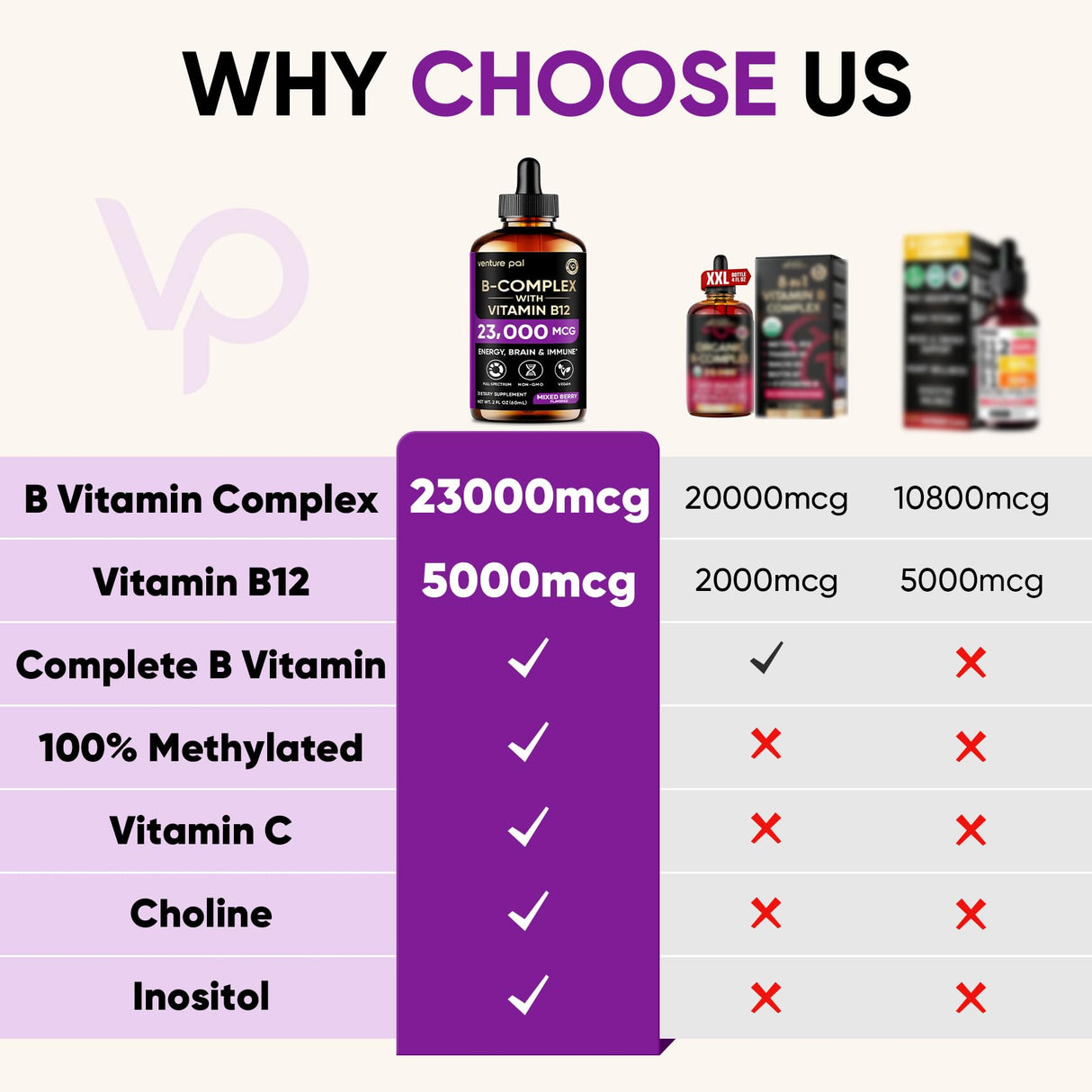 Venture Pal Vitamin B Complex Liquid Drops, B12 Methylcobalamin | B9 Folic | B1,B2,B3,B5,B6,B16 - Vitamin C, Choline, Inositol, Immune & Energy Metabolism, Brain & Heart Support