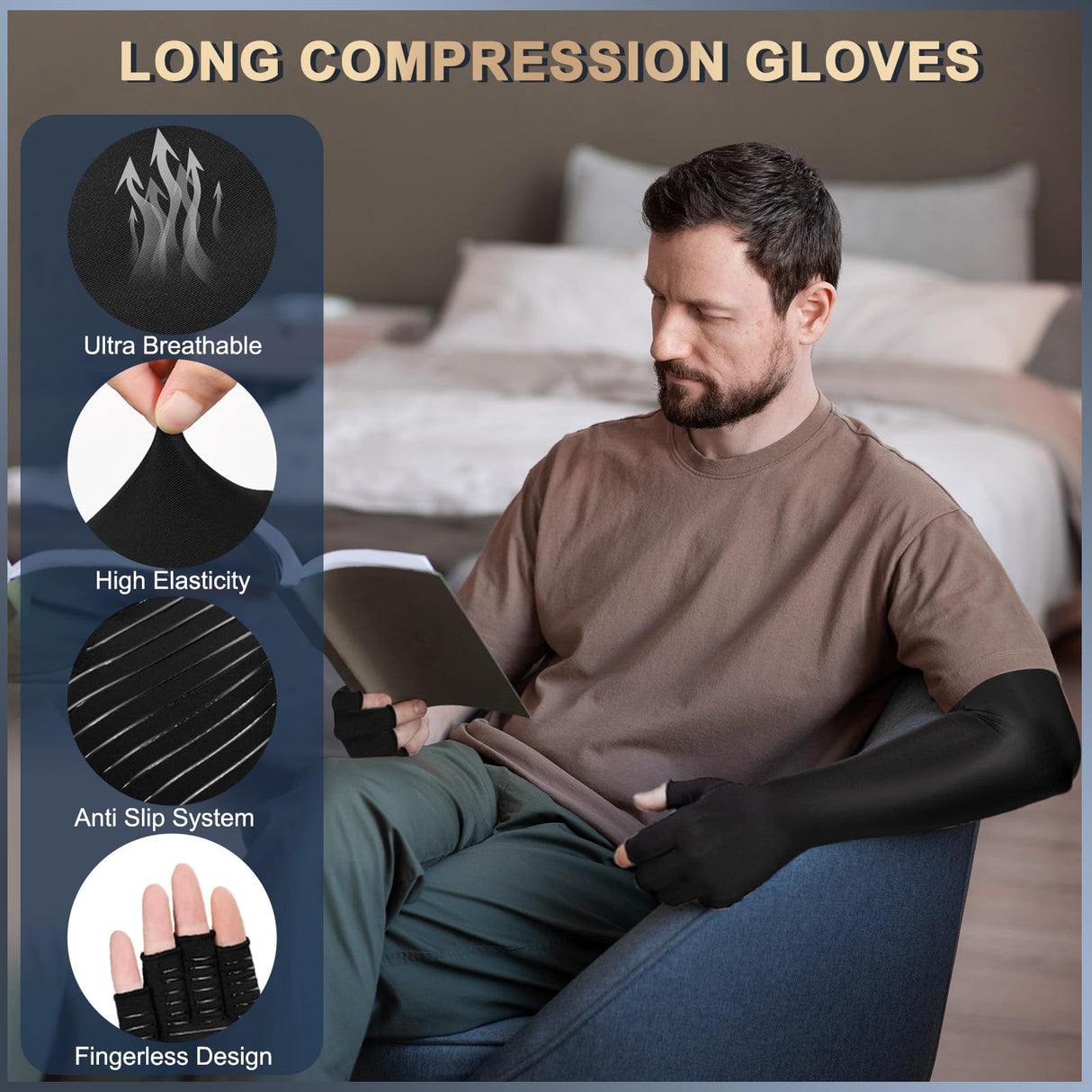 Zuscot Long Copper Compression Arthritis Gloves for Women & Men, Medical Arm & Hand Compression Gloves, Fingerless Pressure Gloves, Hand Support Sleeves for Carpal Tunnel, Lymphedema, Hand Pain, Edema
