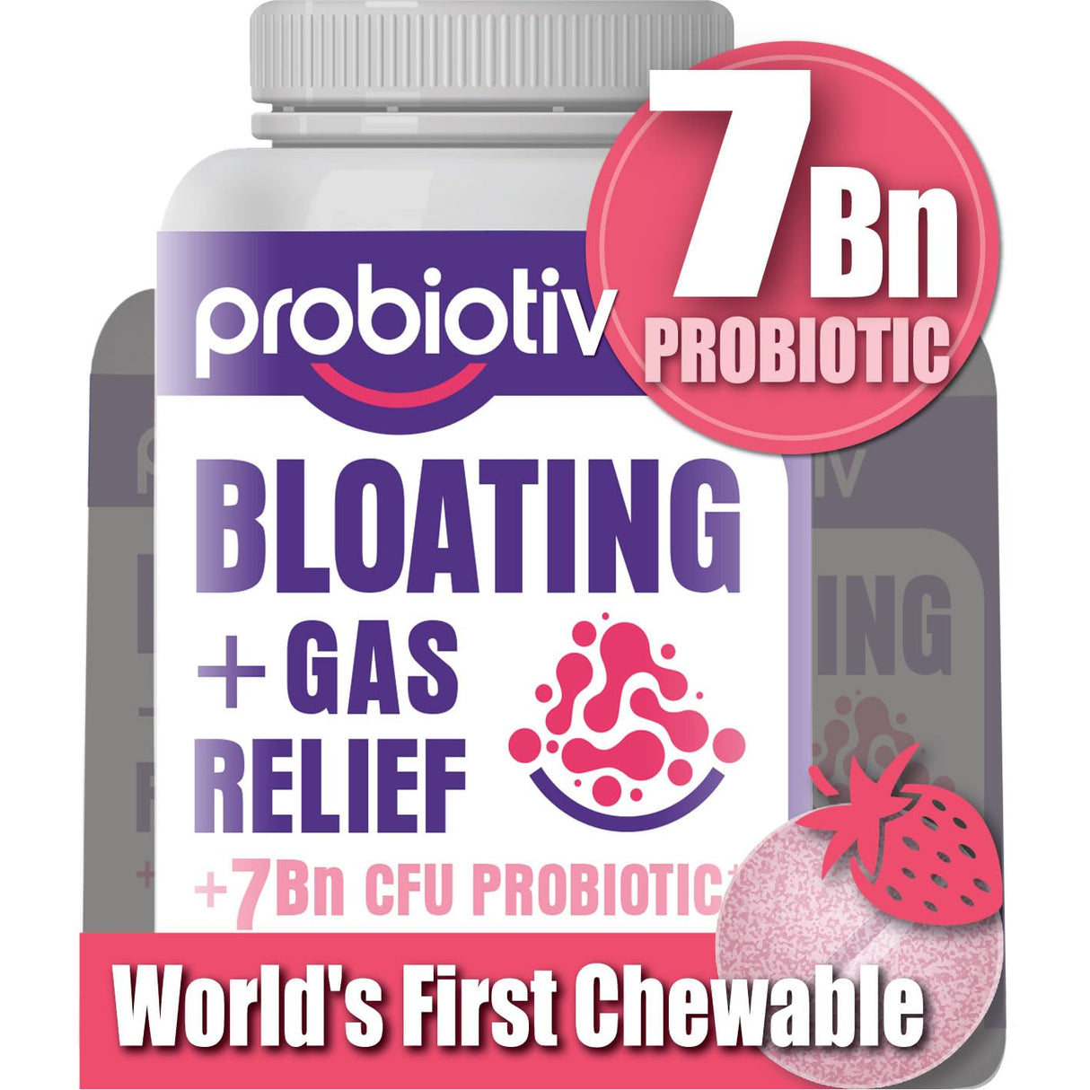 Probiotiv Anti Gas & Bloating Relief for Women and Men 7 Billion CFU – Chewable Probiotics & Lactobacillus Reuteri, Daily Digestive Enzymes Debloating for Women, Aids Digestion & Digestive Health