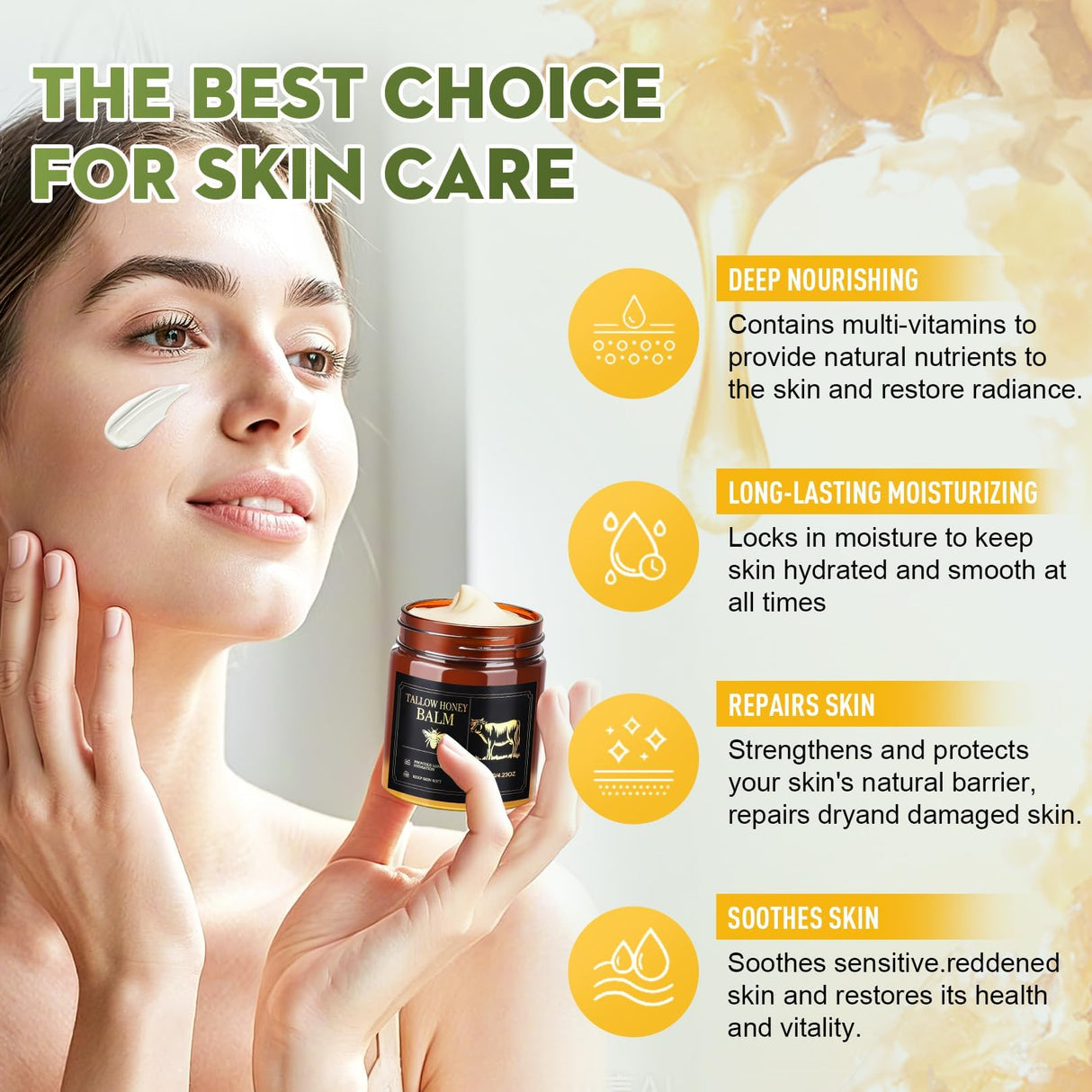 Beef Tallow for Skin,Organic Whipped Beef Tallow Face Moisturizer with Raw Honey and Beeswax,Natural Grass Fed Tallow and Honey Balm,Moisturizer for Face,Body&Sensitive Skin,Light Scented (4.23OZ)